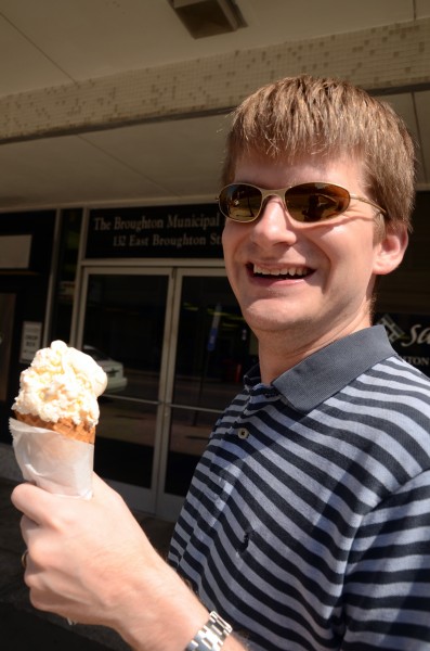 Phillip opted for the waffle cone and we discussed the relative merits of the cone vs. the cup while enjoying our ice cream.