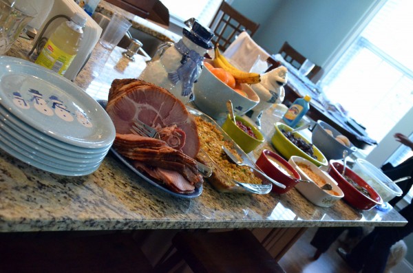 Our delicious Christmas spread - ham, dressing, cranberry sauce, green beans, rolls, burgundy mushrooms, broccoli casserole, and pistachio salad.  A true team effort from the cooking team.
